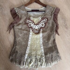 Pretty Angel Boho Lace Fairycore Cottagecore Blouse Romantic Ruffle Top M Brown